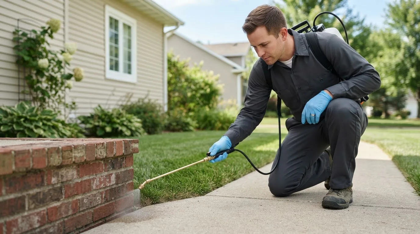 Pest control technician treating a home near Mansfield, IL
