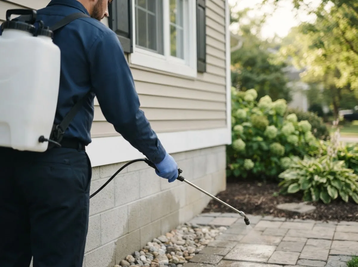 Pest control technician inspecting a home in Mansfield, IL